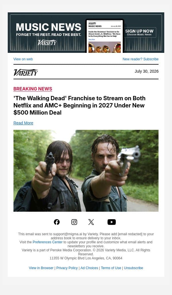 'The Walking Dead' Franchise to Stream on Both Netflix and AMC+ Beginning in 2027 Under New $500 Million Deal email from Variety screenshot