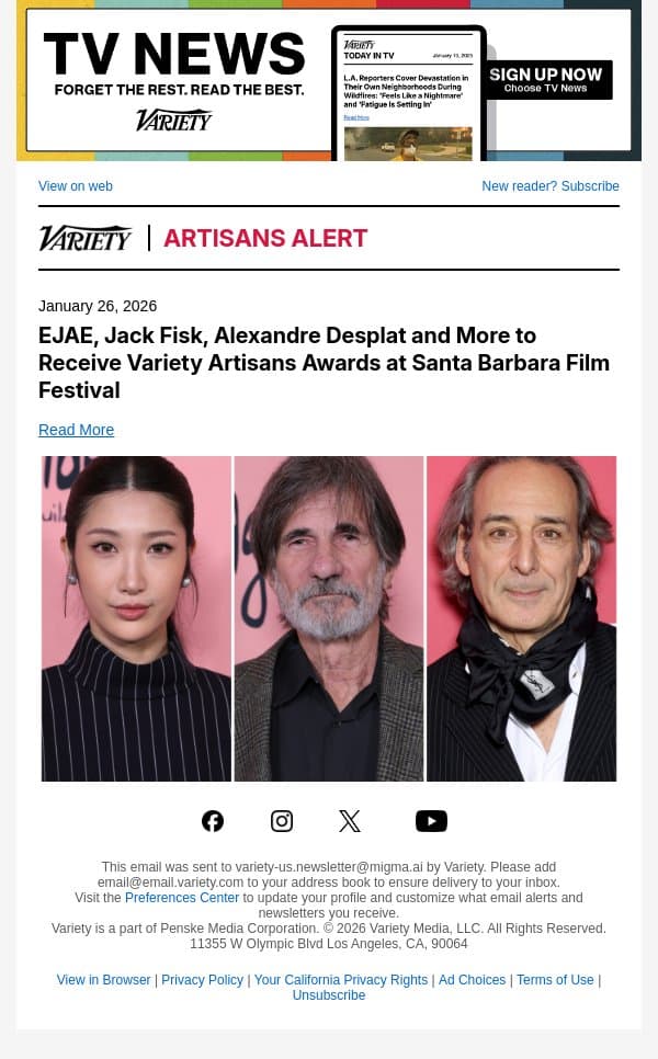 EJAE, Jack Fisk, Alexandre Desplat and More to Receive Variety Artisans Awards at Santa Barbara Film Festival email from Variety screenshot