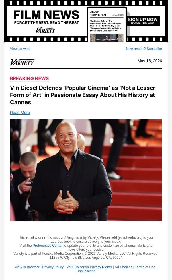 Vin Diesel Defends 'Popular Cinema' as 'Not a Lesser Form of Art' in Passionate Essay About His History at Cannes email from Variety screenshot