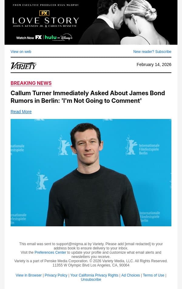 Callum Turner Immediately Asked About James Bond Rumors in Berlin: 'I'm Not Going to Comment' email from Variety screenshot