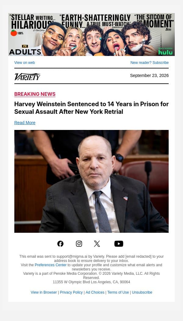 Harvey Weinstein Sentenced to 14 Years in Prison for Sexual Assault After New York Retrial email from Variety screenshot