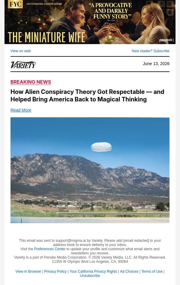 How Alien Conspiracy Theory Got Respectable — and Helped Bring America Back to Magical Thinking email from Variety screenshot