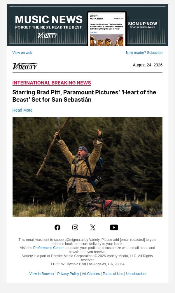 Starring Brad Pitt, Paramount Pictures’ ‘Heart of the Beast’ Set for San Sebastián email from Variety screenshot