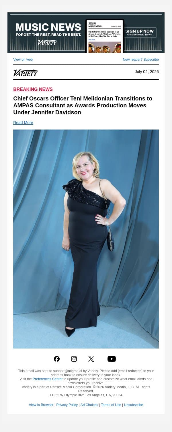 Chief Oscars Officer Teni Melidonian Transitions to AMPAS Consultant as Awards Production Moves Under Jennifer Davidson email from Variety screenshot