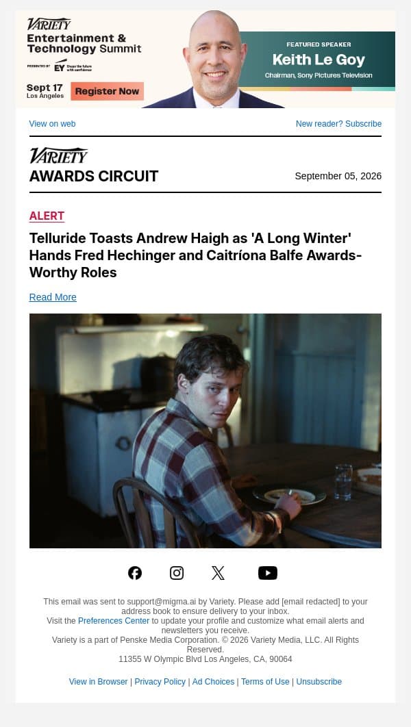 Telluride Toasts Andrew Haigh as 'A Long Winter' Hands Fred Hechinger and Caitríona Balfe Awards-Worthy Roles email from Variety screenshot