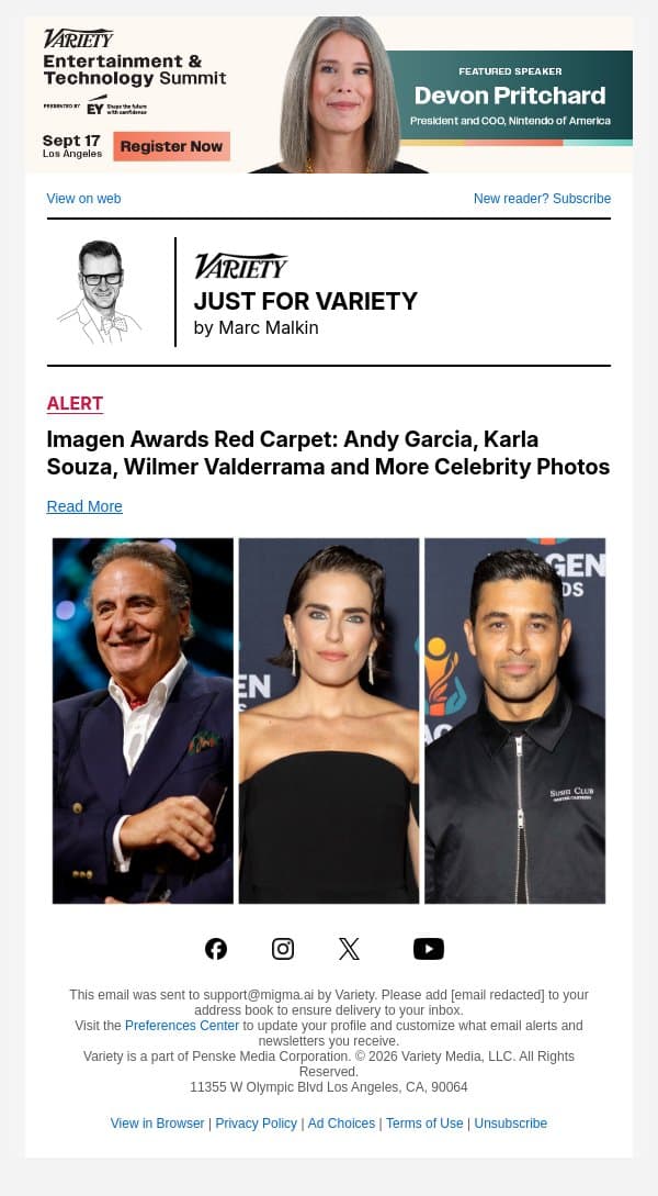 Imagen Awards Red Carpet: Andy Garcia, Karla Souza, Wilmer Valderrama and More Celebrity Photos email from Variety screenshot