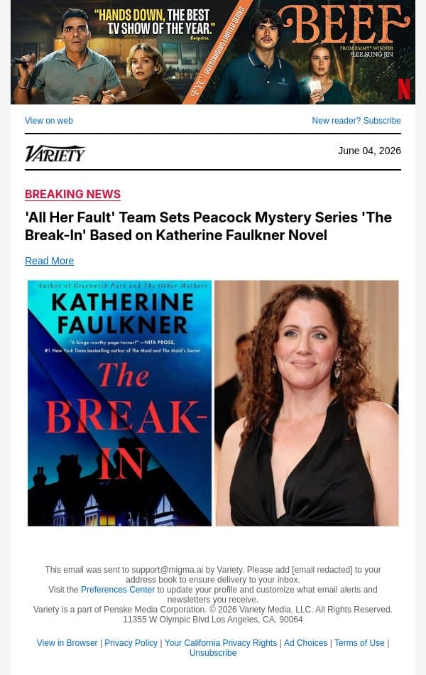 'All Her Fault' Team Sets Peacock Mystery Series 'The Break-In' Based on Katherine Faulkner Novel email from Variety screenshot