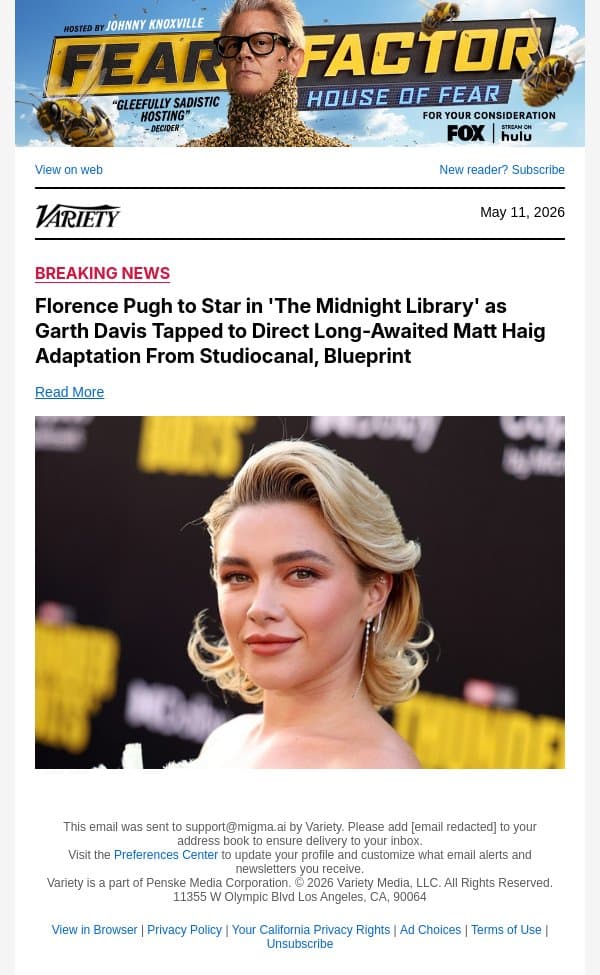 Florence Pugh to Star in 'The Midnight Library' as Garth Davis Tapped to Direct Long-Awaited Matt Haig Adaptation From Studiocanal, Blueprint email from Variety screenshot