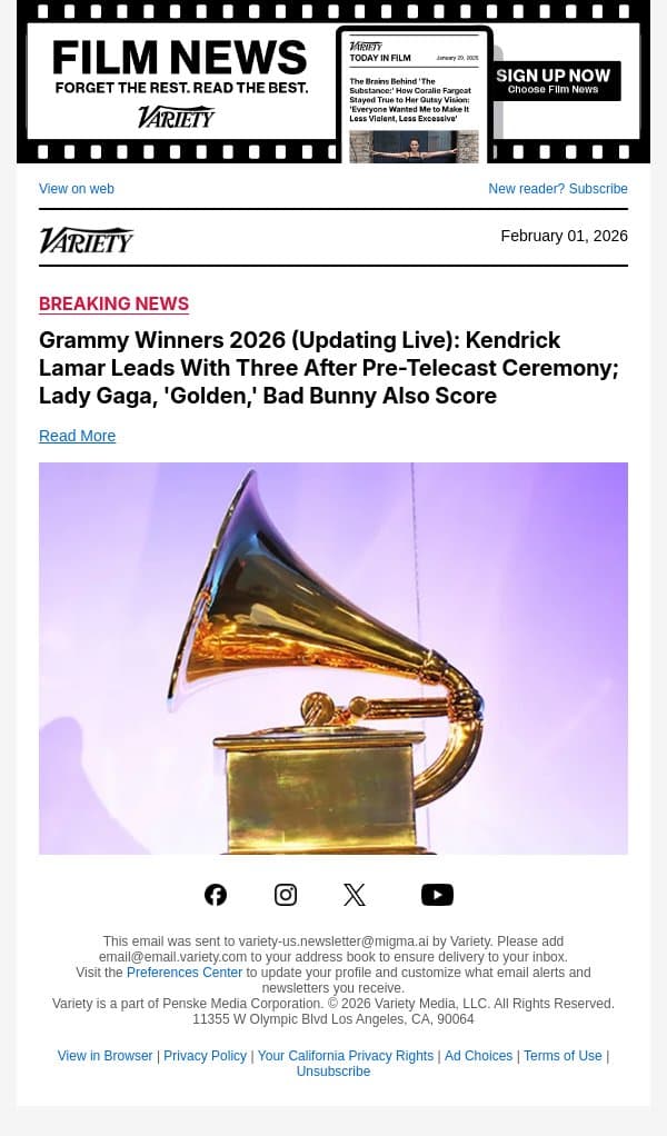 Jelly Roll Wins Grammy for Best Contemporary Country Album email from Variety screenshot