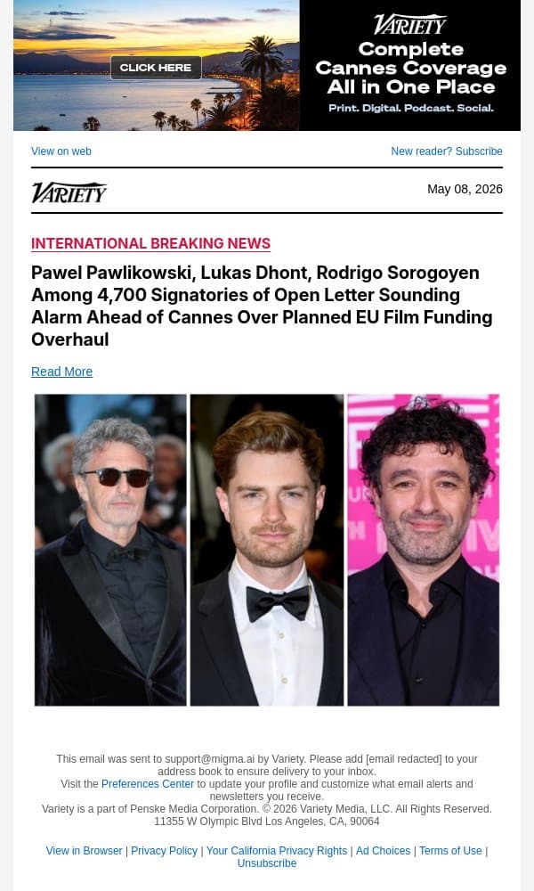 Pawel Pawlikowski, Lukas Dhont, Rodrigo Sorogoyen Among 4,700 Signatories of Open Letter Sounding Alarm Ahead of Cannes Over Planned EU Film Funding Overhaul email from Variety screenshot