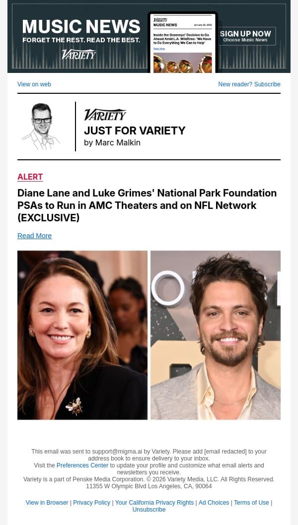 Diane Lane and Luke Grimes' National Park Foundation PSAs to Run in AMC Theaters and on NFL Network (EXCLUSIVE) email from Variety screenshot