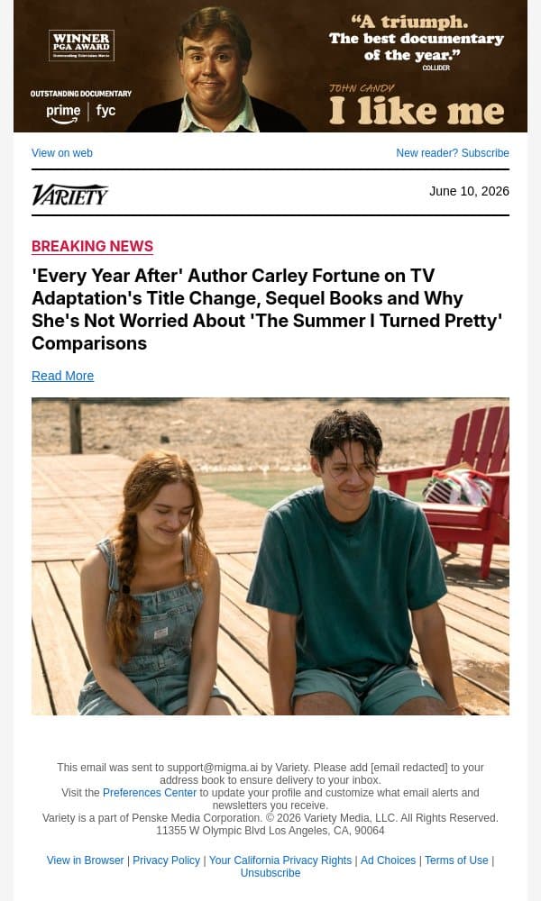 'Every Year After' Author Carley Fortune on TV Adaptation's Title Change, Sequel Books and Why She's Not Worried About 'The Summer I Turned Pretty' Comparisons email from Variety screenshot