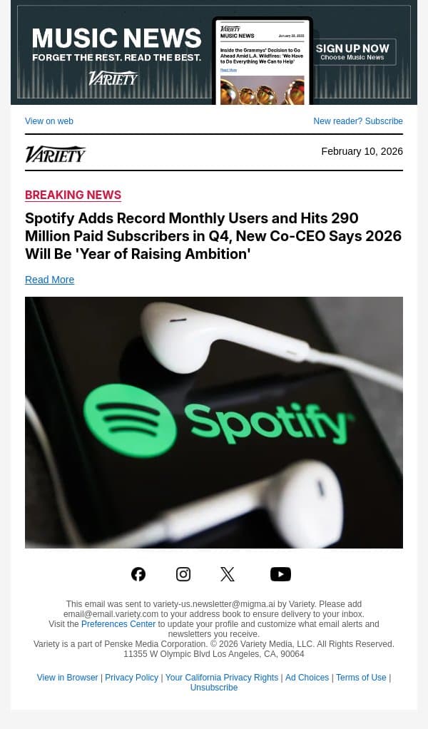 Spotify Adds Record Monthly Users and Hits 290 Million Paid Subscribers in Q4, New Co-CEO Says 2026 Will Be 'Year of Raising Ambition' email from Variety screenshot