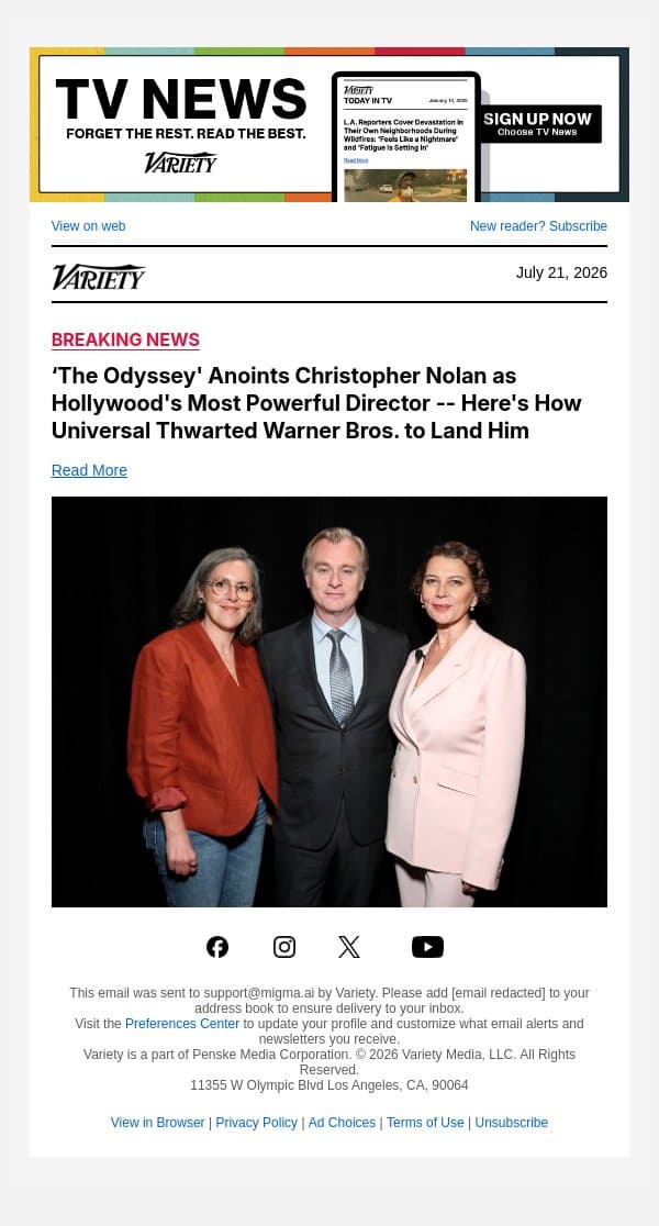 ‘The Odyssey' Anoints Christopher Nolan as Hollywood's Most Powerful Director -- Here's How Universal Thwarted Warner Bros. to Land Him email from Variety screenshot