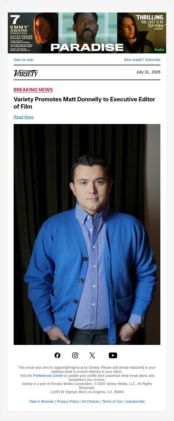 Variety Promotes Matt Donnelly to Executive Editor of Film email from Variety screenshot