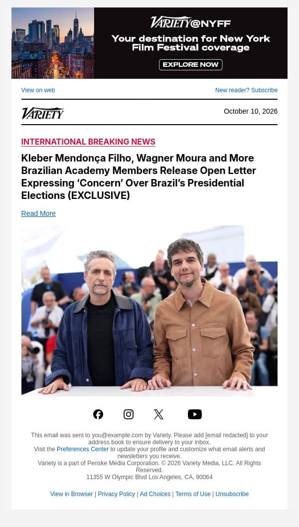 Kleber Mendonça Filho, Wagner Moura and More Brazilian Academy Members Release Open Letter Expressing ‘Concern’ Over Brazil’s Presidential Elections (EXCLUSIVE) email from Variety screenshot