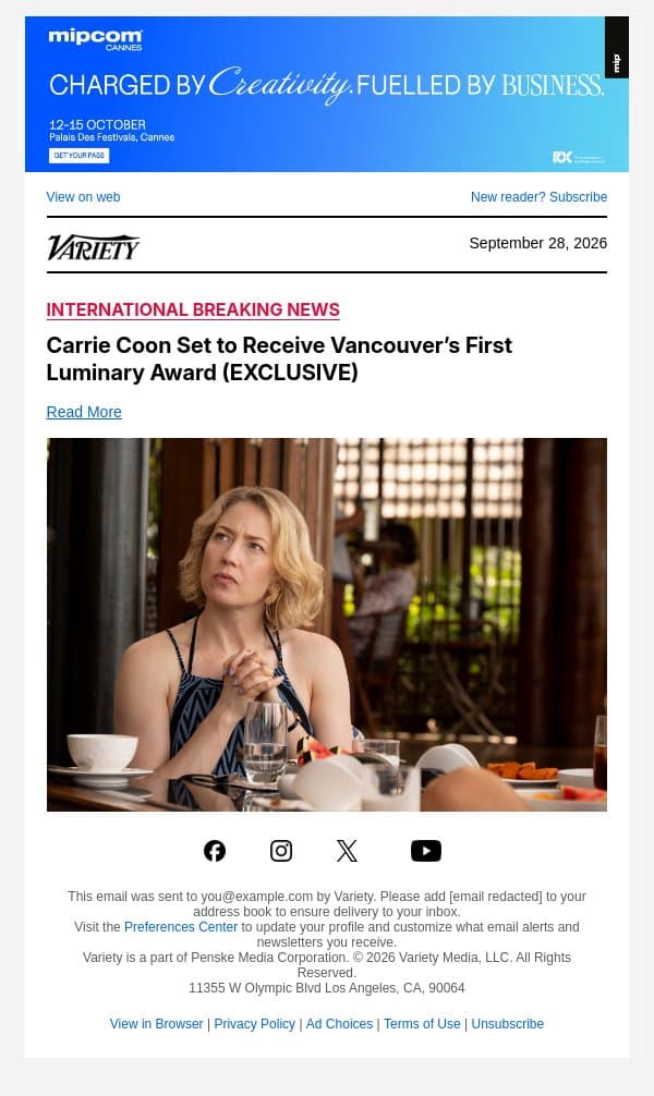 Carrie Coon Set to Receive Vancouver’s First Luminary Award (EXCLUSIVE) email from Variety screenshot