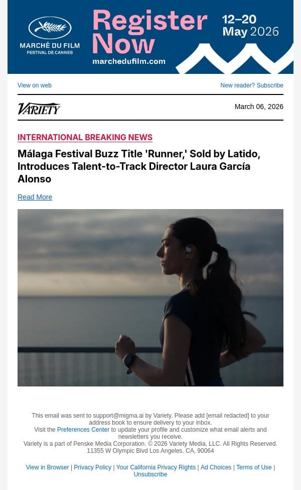 Málaga Festival Buzz Title 'Runner,' Sold by Latido, Introduces Talent-to-Track Director Laura García Alonso email from Variety screenshot