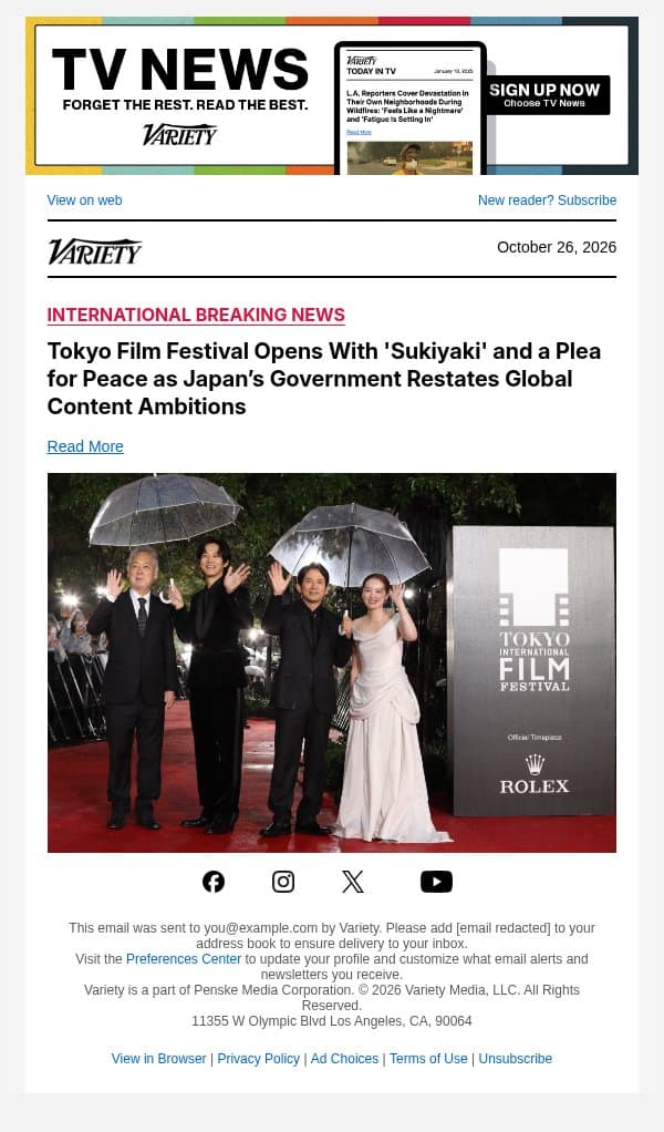Tokyo Film Festival Opens With 'Sukiyaki' and a Plea for Peace as Japan’s Government Restates Global Content Ambitions email from Variety screenshot