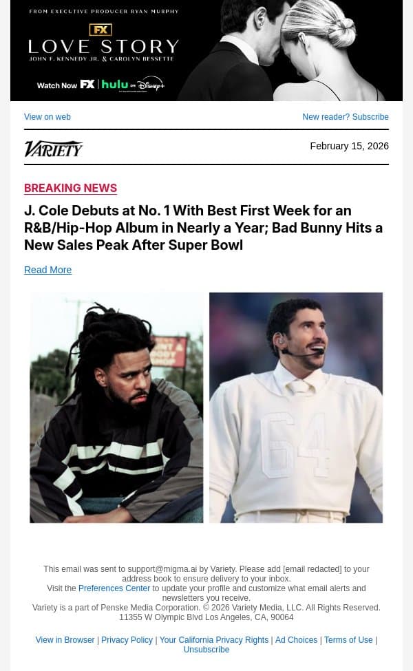 J. Cole Debuts at No. 1 With Best First Week for an R&B/Hip-Hop Album in Nearly a Year; Bad Bunny Hits a New Sales Peak After Super Bowl email from Variety screenshot