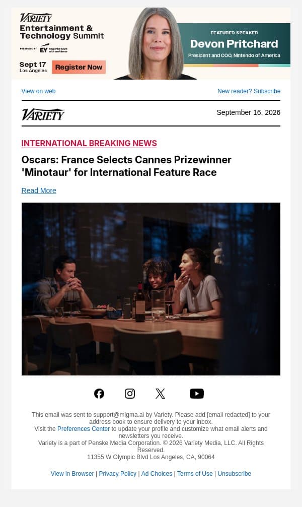 Oscars: France Selects Cannes Prizewinner 'Minotaur' for International Feature Race email from Variety screenshot