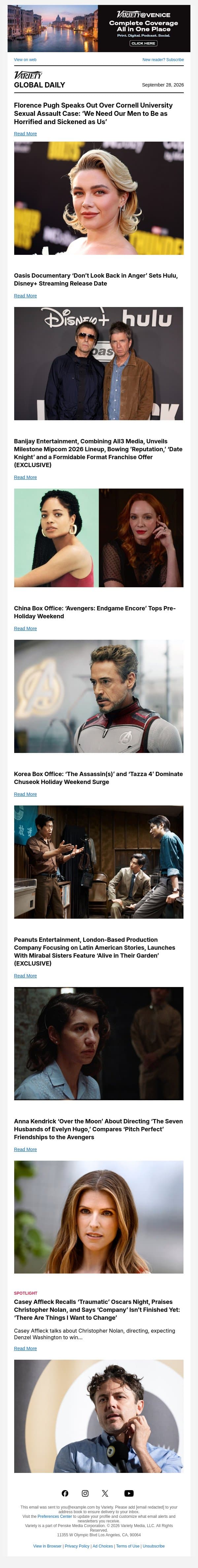 Florence Pugh Speaks Out; Oasis Doc Release; Banijay at Mipcom email from Variety screenshot