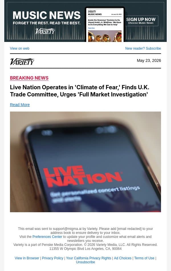 Live Nation Operates in 'Climate of Fear,' Finds U.K. Trade Committee, Urges 'Full Market Investigation' email from Variety screenshot