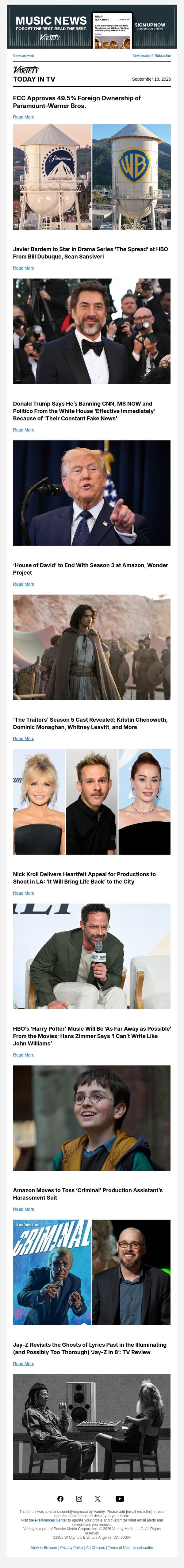 FCC Approves Paramount-Warners Foreign Ownership Stake; Trump Threatens White House Media Ban; Javier Bardem to Star in 'The Spread' email from Variety screenshot