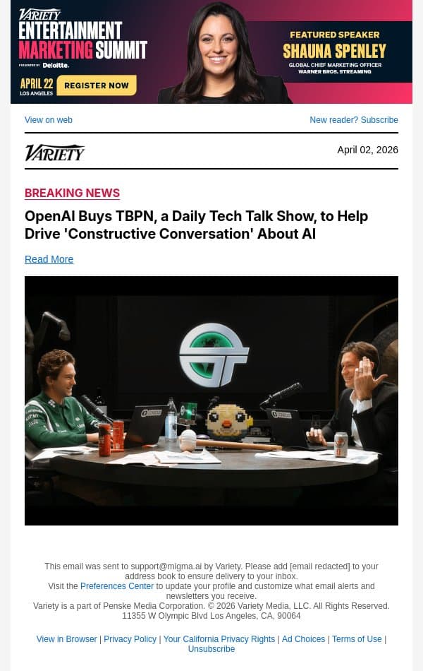 OpenAI Buys TBPN, a Daily Tech Talk Show, to Help Drive 'Constructive Conversation' About AI email from Variety screenshot