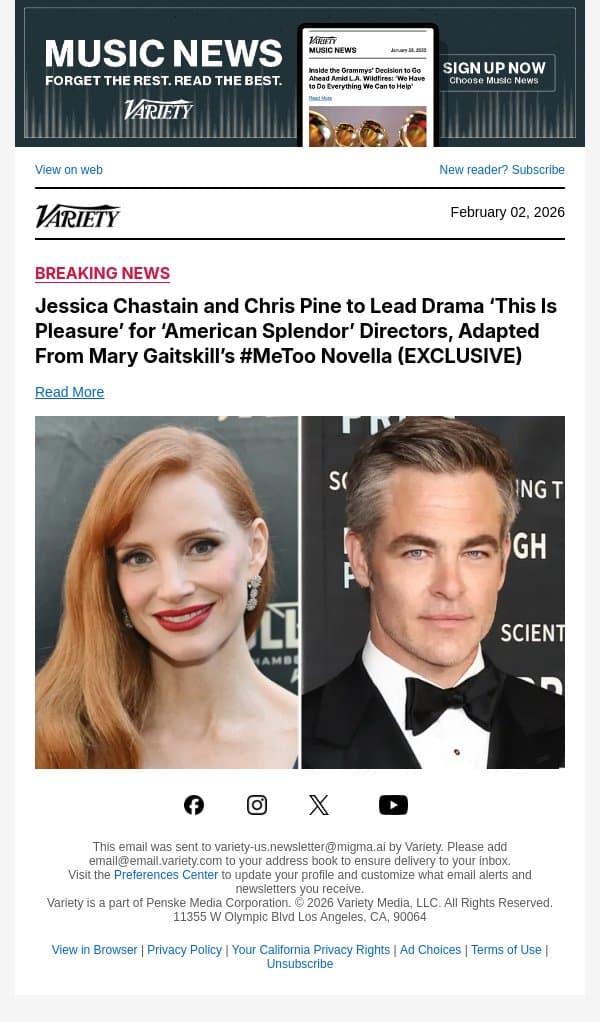 Jessica Chastain and Chris Pine to Lead Drama ‘This Is Pleasure’ for ‘American Splendor’ Directors, Adapted From Mary Gaitskill’s #MeToo Novella (EXCLUSIVE) email from Variety screenshot