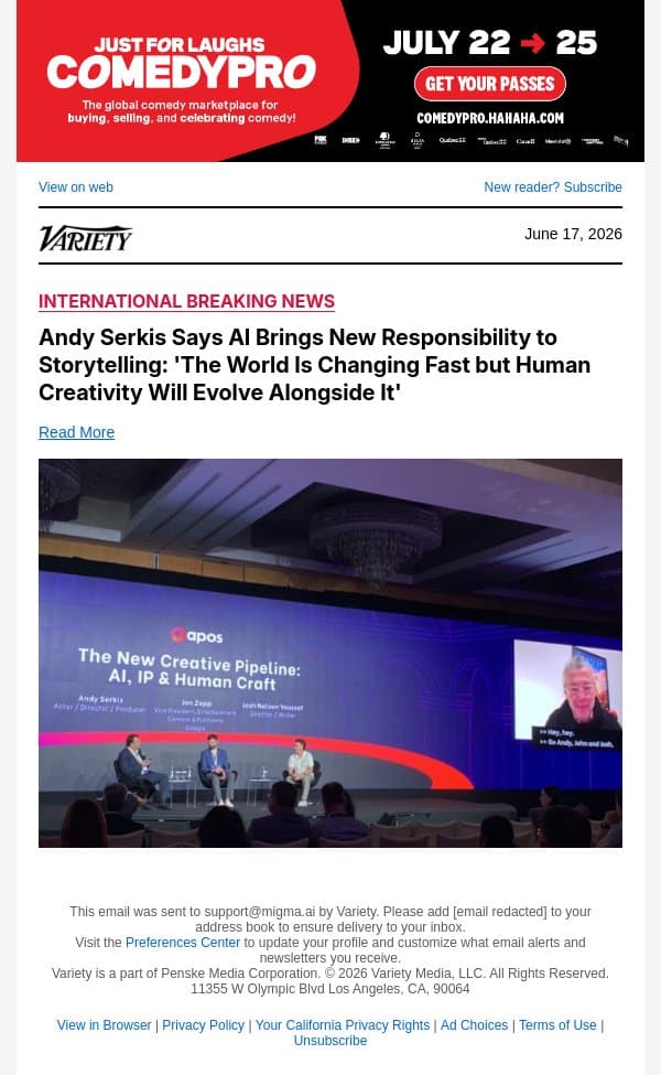 Andy Serkis Says AI Brings New Responsibility to Storytelling: 'The World Is Changing Fast but Human Creativity Will Evolve Alongside It' email from Variety screenshot