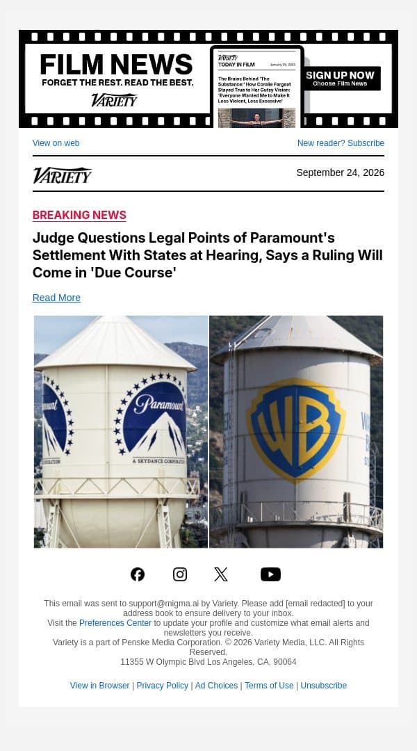Judge Questions Legal Points of Paramount's Settlement With States at Hearing, Says a Ruling Will Come in 'Due Course' email from Variety screenshot