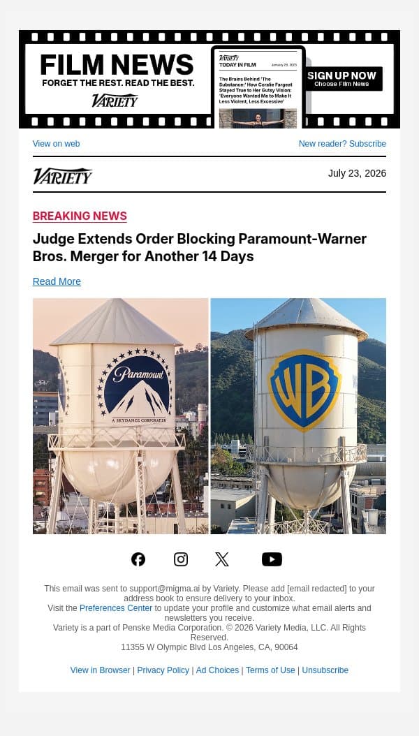 Judge Extends Order Blocking Paramount-Warner Bros. Merger for Another 14 Days email from Variety screenshot