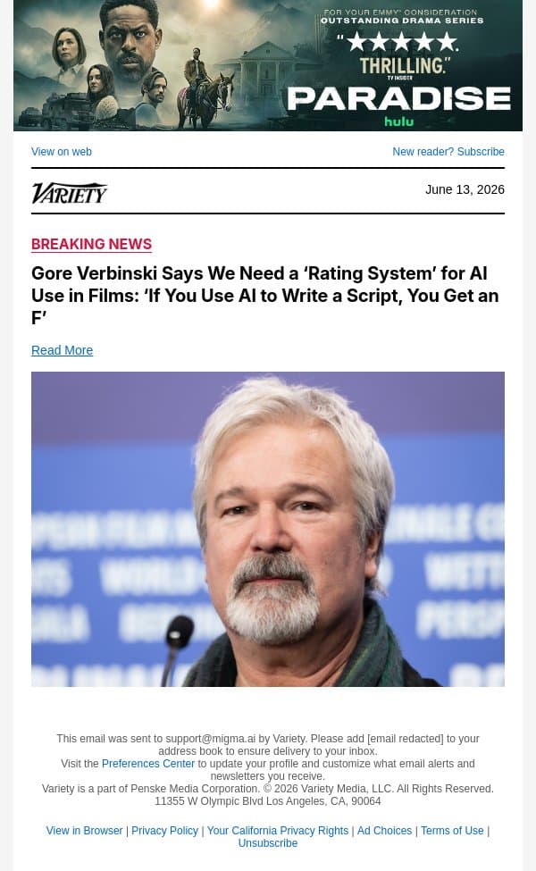 Gore Verbinski Says We Need a ‘Rating System’ for AI Use in Films: ‘If You Use AI to Write a Script, You Get an F’ email from Variety screenshot