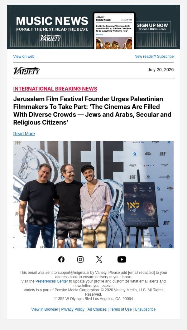 Jerusalem Film Festival Founder Urges Palestinian Filmmakers To Take Part: ‘The Cinemas Are Filled With Diverse Crowds — Jews and Arabs, Secular and Religious Citizens’ email from Variety screenshot