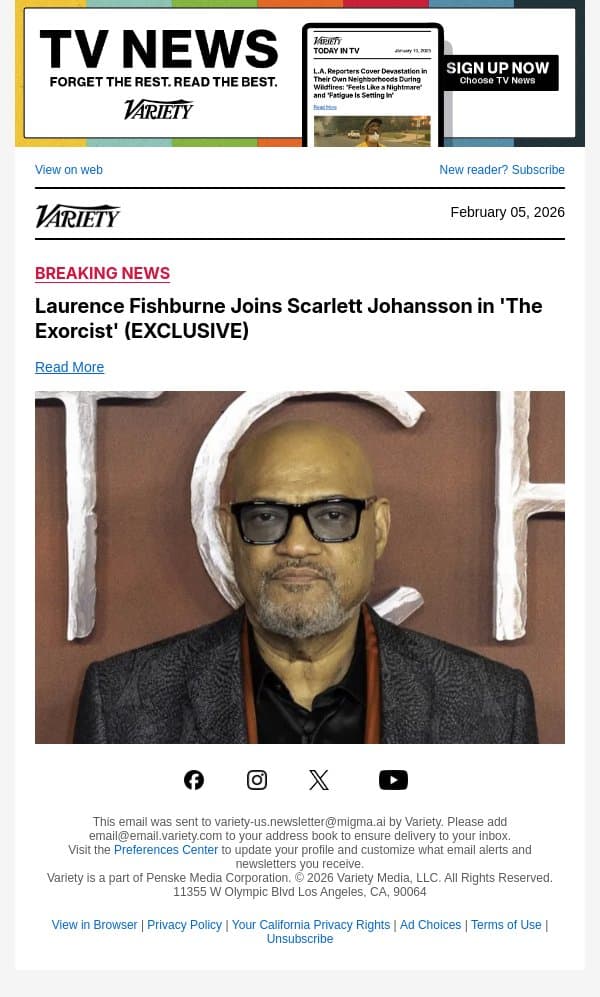 Laurence Fishburne Joins Scarlett Johansson in 'The Exorcist' (EXCLUSIVE) email from Variety screenshot