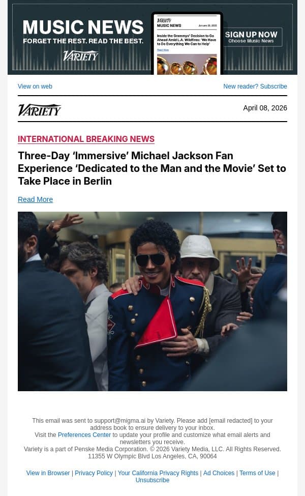 Three-Day ‘Immersive’ Michael Jackson Fan Experience ‘Dedicated to the Man and the Movie’ Set to Take Place in Berlin email from Variety screenshot