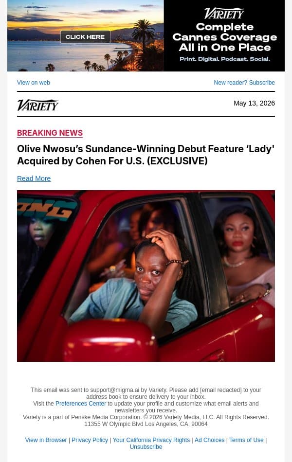 Olive Nwosu’s Sundance-Winning Debut Feature ‘Lady' Acquired by Cohen For U.S. (EXCLUSIVE) email from Variety screenshot