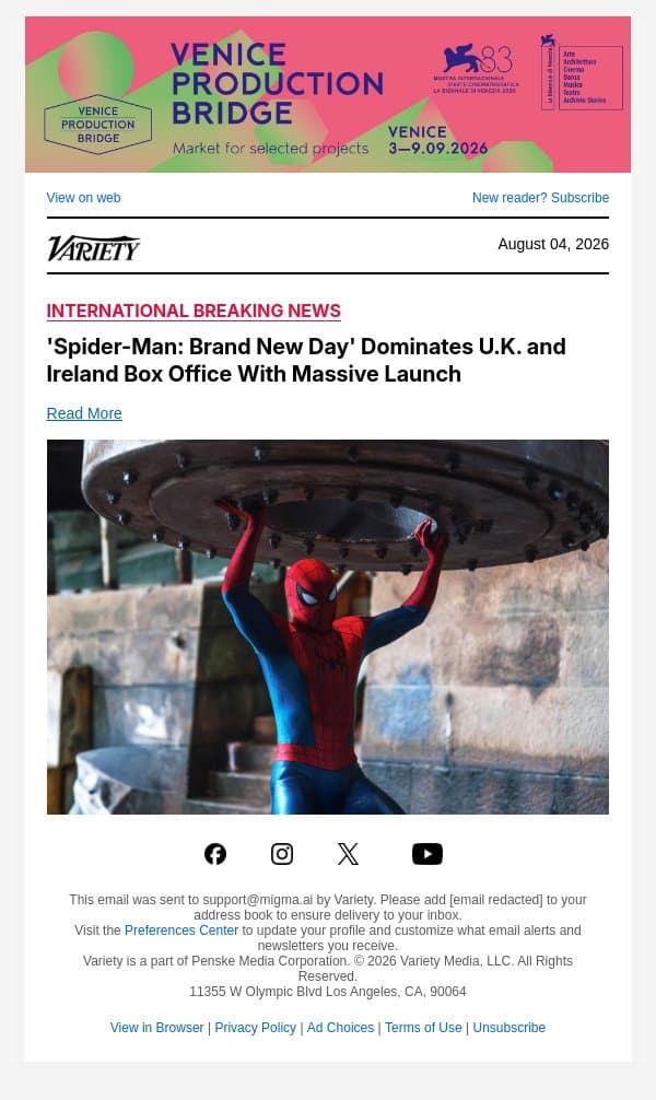 'Spider-Man: Brand New Day' Dominates U.K. and Ireland Box Office With Massive Launch email from Variety screenshot