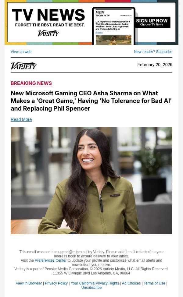 New Microsoft Gaming CEO Asha Sharma on What Makes a 'Great Game,' Having 'No Tolerance for Bad AI' and Replacing Phil Spencer email from Variety screenshot