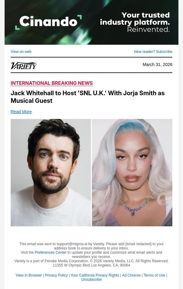 Jack Whitehall to Host 'SNL U.K.' With Jorja Smith as Musical Guest email from Variety screenshot