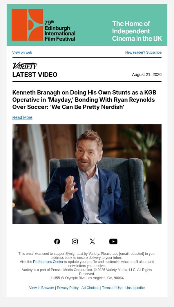 Kenneth Branagh on Doing His Own Stunts as a KGB Operative in ‘Mayday,’ Bonding With Ryan Reynolds Over Soccer: ‘We Can Be Pretty Nerdish’ email from Variety screenshot