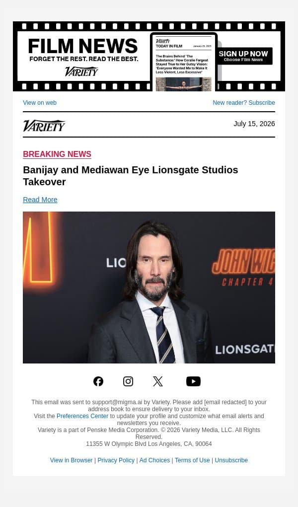 Banijay and Mediawan Eye Lionsgate Studios Takeover email from Variety screenshot