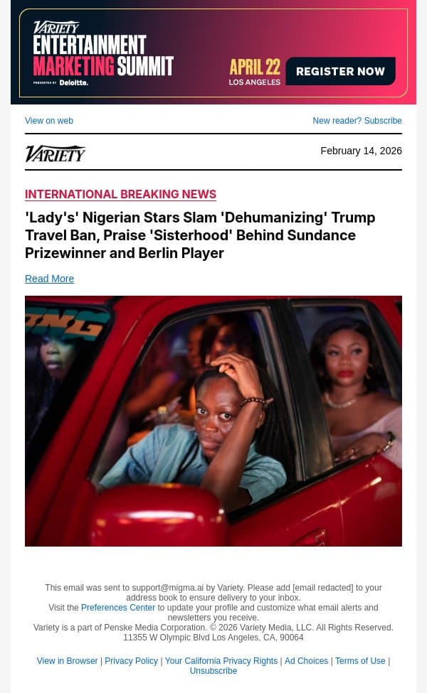 'Lady's' Nigerian Stars Slam 'Dehumanizing' Trump Travel Ban, Praise 'Sisterhood' Behind Sundance Prizewinner and Berlin Player email from Variety screenshot