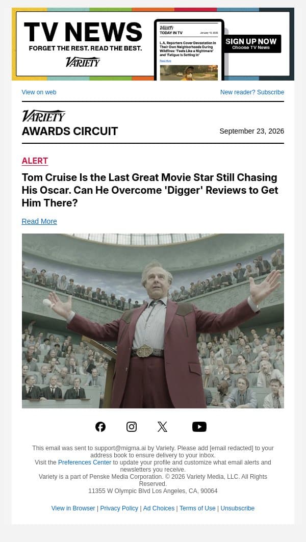 Tom Cruise Is the Last Great Movie Star Still Chasing His Oscar. Can He Overcome 'Digger' Reviews to Get Him There? email from Variety screenshot