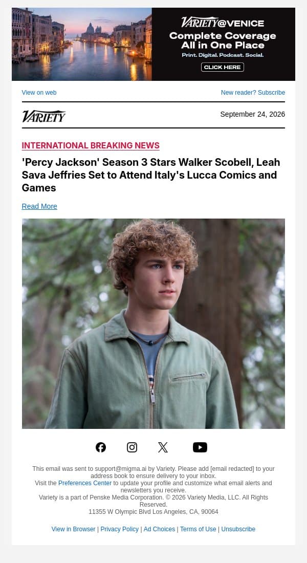 'Percy Jackson' Season 3 Stars Walker Scobell, Leah Sava Jeffries Set to Attend Italy's Lucca Comics and Games email from Variety screenshot