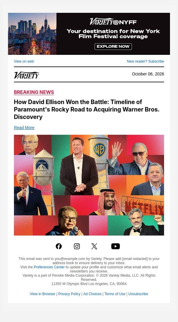 How David Ellison Won the Battle: Timeline of Paramount's Rocky Road to Acquiring Warner Bros. Discovery email from Variety screenshot