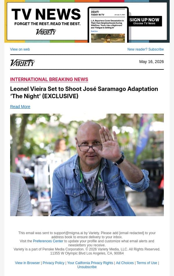 Leonel Vieira Set to Shoot José Saramago Adaptation ‘The Night’ (EXCLUSIVE) email from Variety screenshot