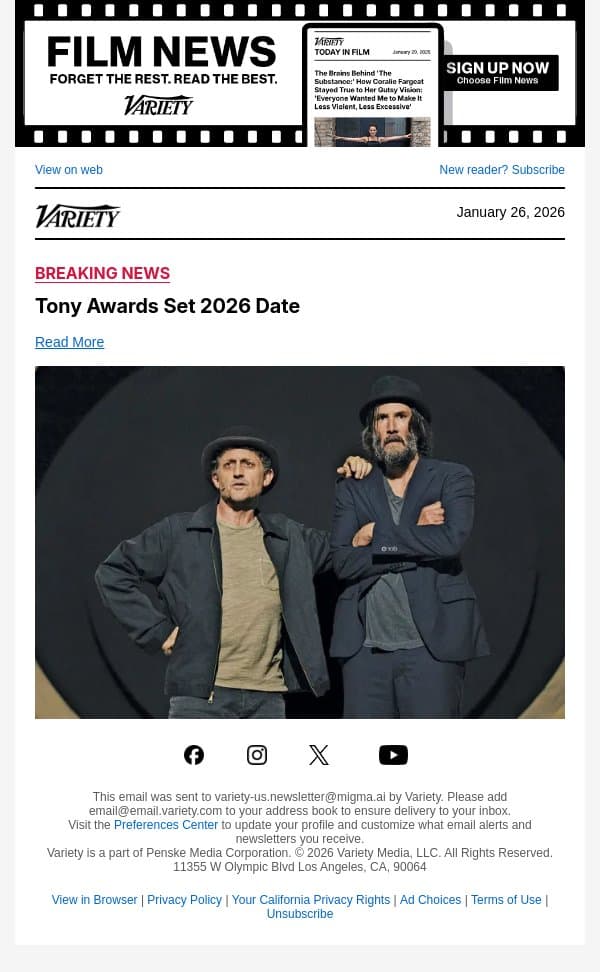 Tony Awards Set 2026 Date email from Variety screenshot