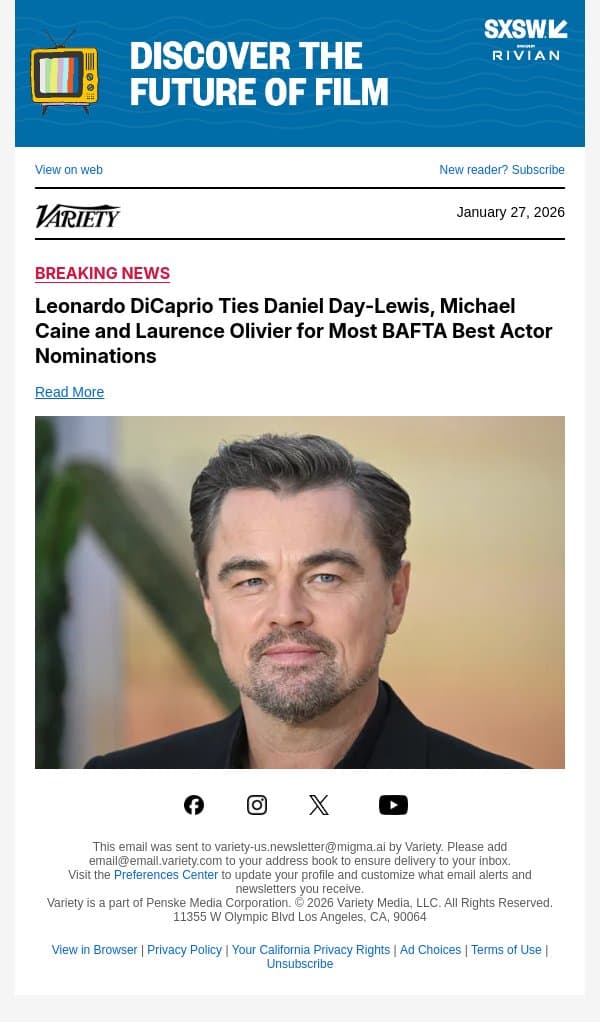 Leonardo DiCaprio Ties Daniel Day-Lewis, Michael Caine and Laurence Olivier for Most BAFTA Best Actor Nominations email from Variety screenshot